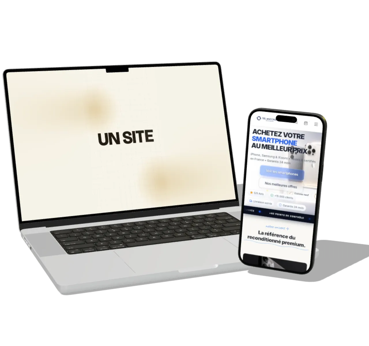 MacBook et iPhone montrant le film de Kota Studio et le site Tel & Cash
